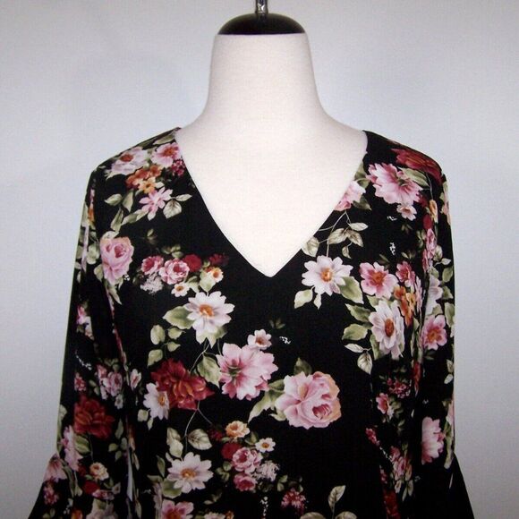 Sam Edelman Black Floral Dress Womens Sz 6 Shift 3/4 Bell Sleeves Lined V-Neck - Picture 4 of 11